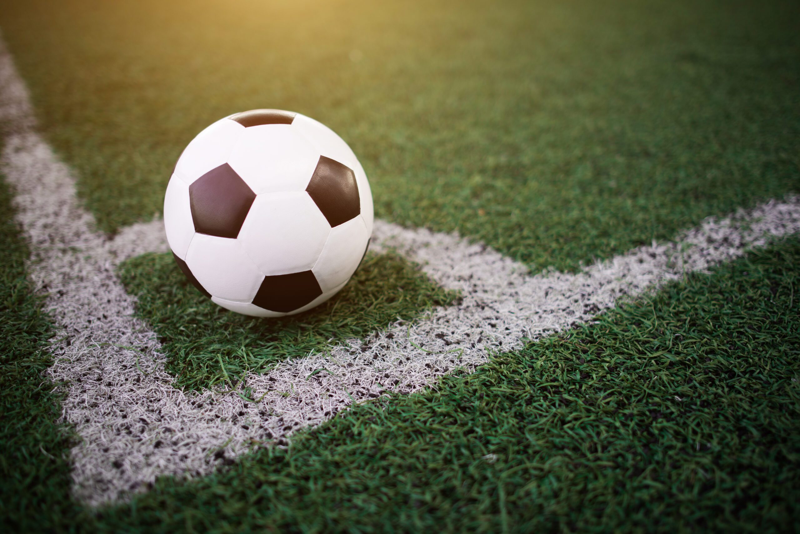 soccer ball on the white line at stadium soccer ball on the white line at stadium