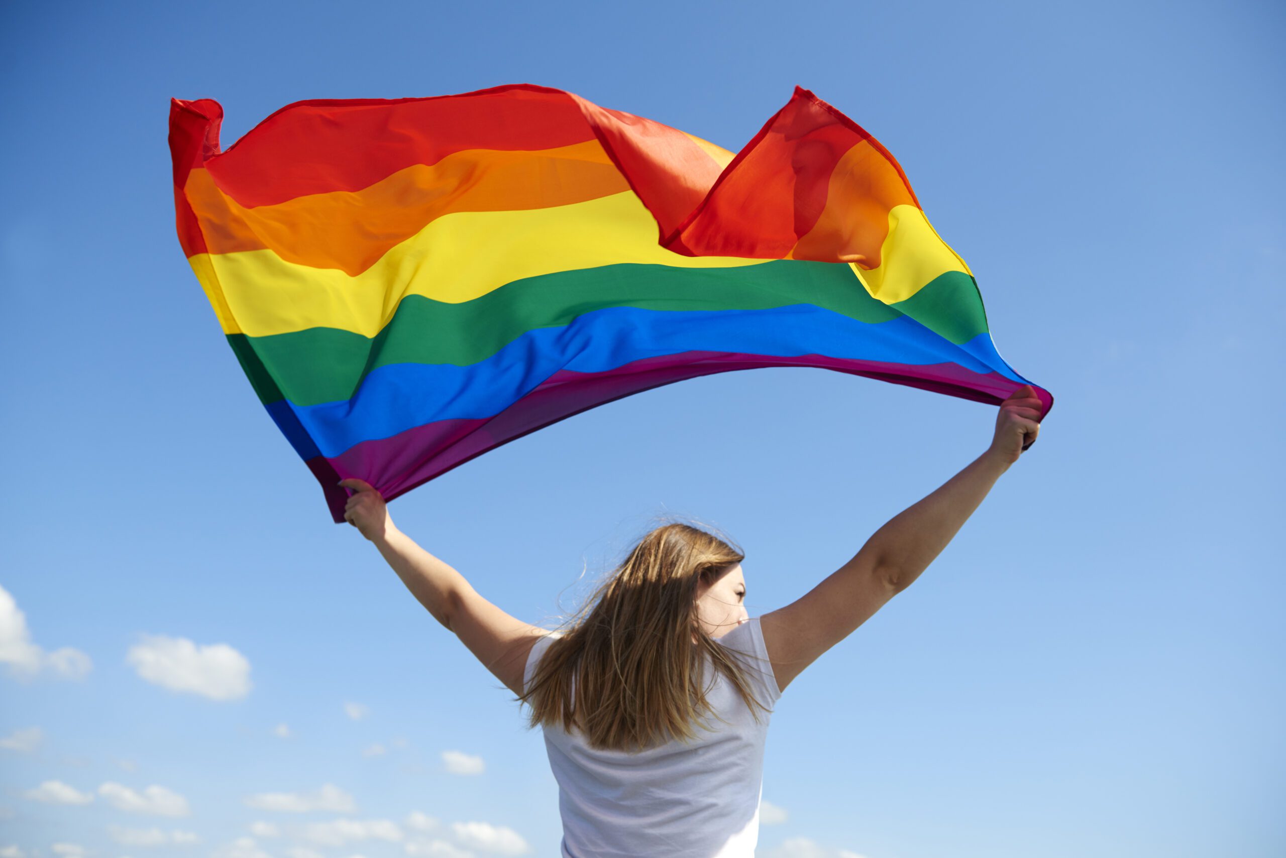 Rear view of young woman waving rainbow flag Rear view of young woman waving rainbow flag